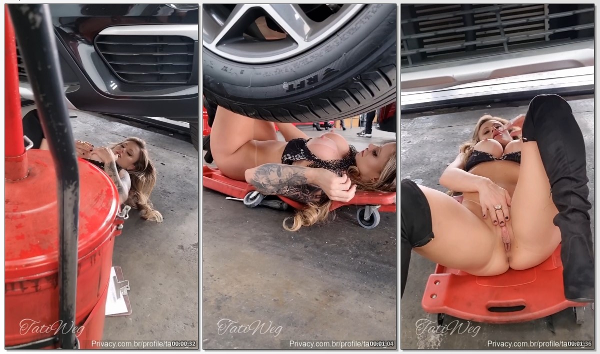 Tati Weg putinha gostosa toda peladinha tocando siririca embaixo do carro na oficina