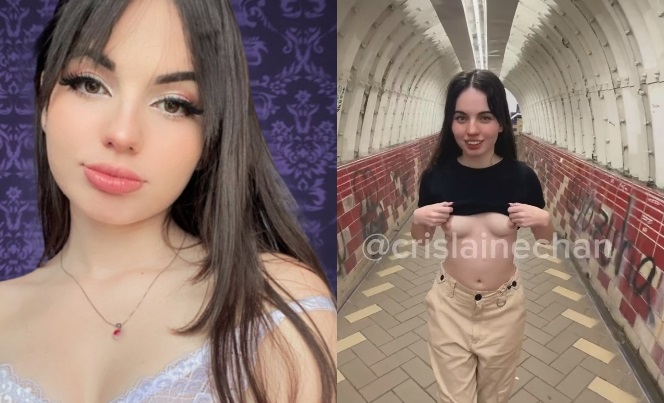 Flagra amador Crislaine Chan exibindo peitinhos arrepiados no metrô