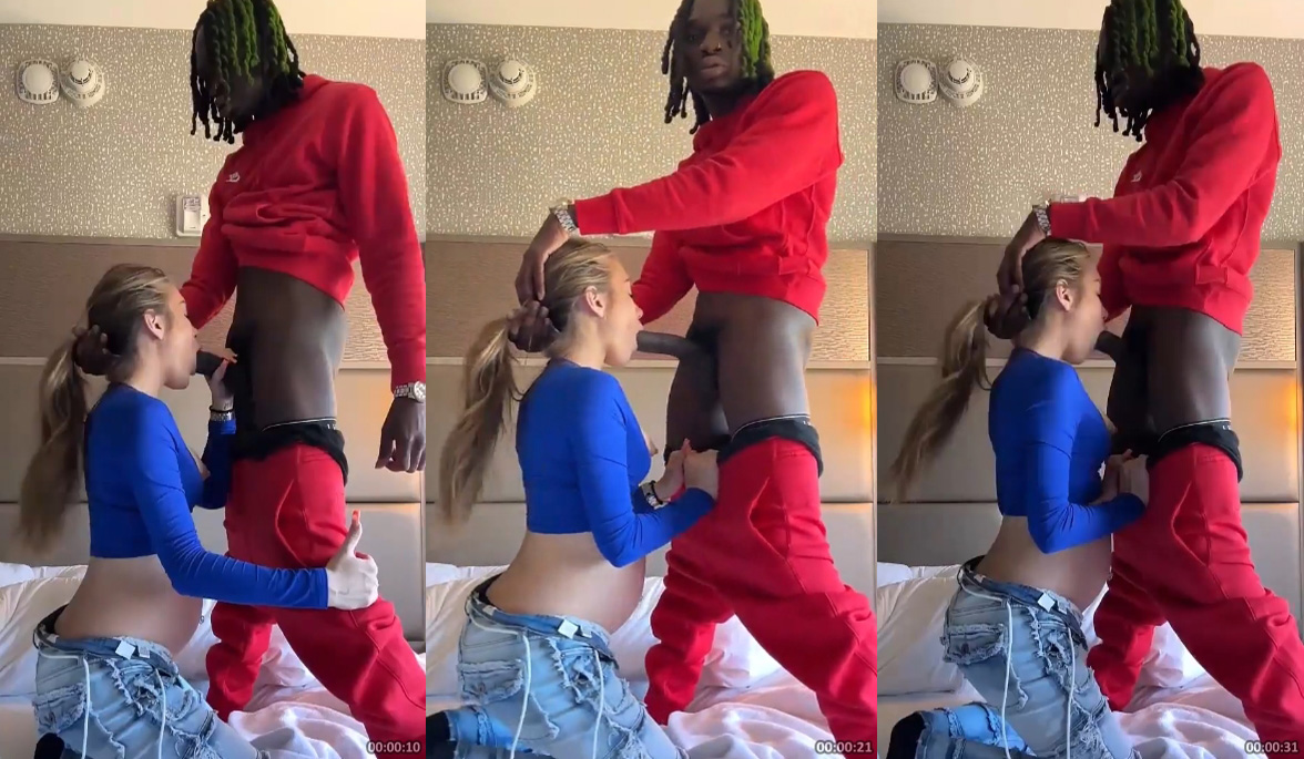 Loirinha esganada chupando pirocona preta com boca cheia