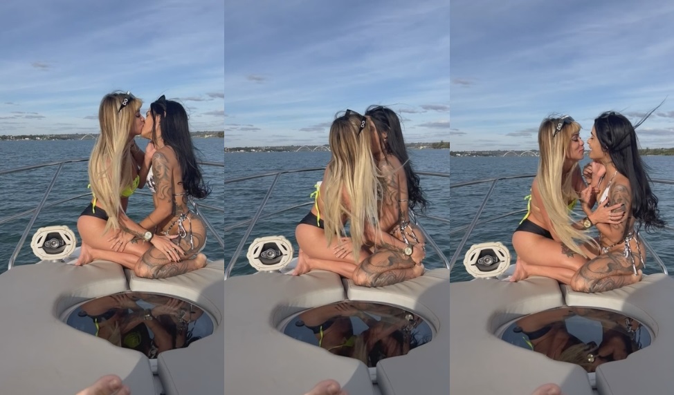 Divinskull beijando morena magrinha em cima da proa da lancha do comedor